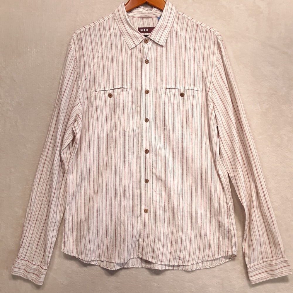 STOCK mens Long Sleeve Button Shirt Sz.L/White-Red Stitch/Linen Blend/RN66170